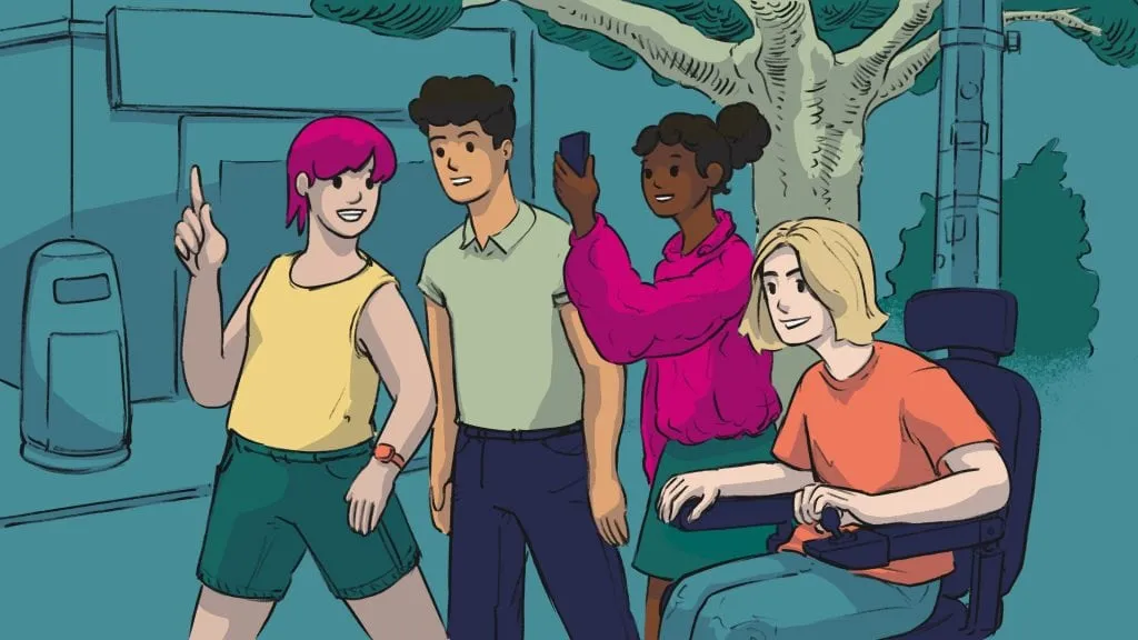 A young woman with pink hair and a yellow top talking to three diverse friends, one taking a selfie, outdoors in a park-like setting.