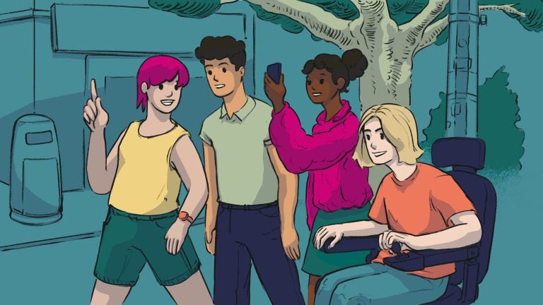 A young woman with pink hair and a yellow top talking to three diverse friends, one taking a selfie, outdoors in a park-like setting.