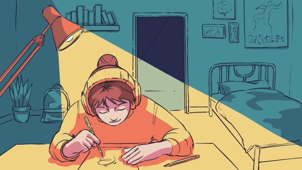 A young girl doing her homework at a desk in a cozy bedroom, illuminated by a desk lamp.