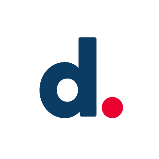 D. logo representing Best For You organization, featuring a lowercase letter 'd' in dark blue with a red dot, on a white background.