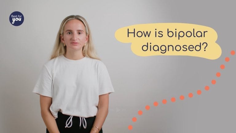 Anxiety and mental health awareness campaign featuring a young woman with a speech bubble asking "How is bipolar diagnosed?".