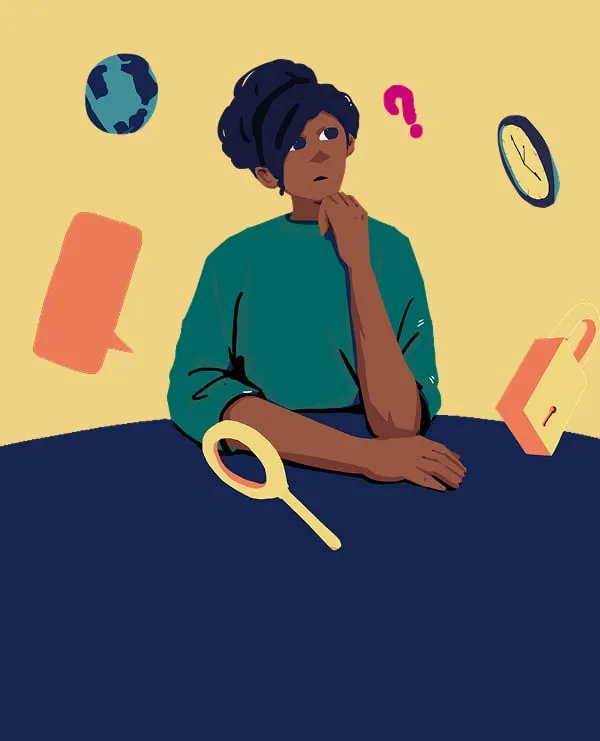 A young person thinking and contemplating with floating icons of a question mark, clock, globe and speech bubble around her, representing questions and curiosity.